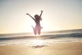 Woman, winner and jump with silhouette at beach with sunset sky, mock up space and celebration. Girl, person and hands Royalty Free Stock Photo