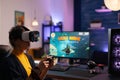 Woman winning video games with vr glasses on computer