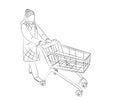 Woman in winter clothes and with shopping cart. Visiting grocery store to purchase gifts, food and drinks. Sketch