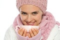 Woman in winter clothing holding cup of tea Royalty Free Stock Photo