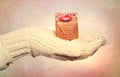 Woman with winter gloves holding small gift box Royalty Free Stock Photo