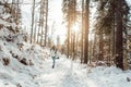 Woman on winter hike enjoying the sunset in the forest Royalty Free Stock Photo