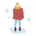 Woman on a Winter Walk in trendy outerwear. Girl in warm winter Clothes among snowflakes Walking on park. Vector