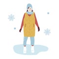 Woman on a Winter Walk in trendy outerwear. Girl in warm winter Clothes among snowflakes Walking on park. Vector