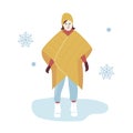 Woman on a Winter Walk in trendy outerwear. Girl in warm winter Clothes among snowflakes Walking on park. Vector