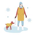 Woman on a Winter Walk in trendy outerwear Walking the Dog. Girl in warm winter Clothes among snowflakes on park