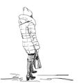 Woman in winter warm clothes, coat with hood, hat and high heel boots stanbing, View from back. Sketch