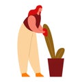 A woman wipes the leaves of a plant in a flowerpot. Leaving, growing plants. Vector illustration in flat style.