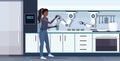 Woman with wires electrodes indicators handshaking smart handy chef robot robotic assistant innovation technology