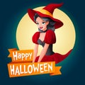 Woman in witch costume. Vector card with text.