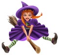 Woman witch flies on broom. Masquerade Halloween Dress Royalty Free Stock Photo