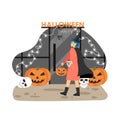 Woman in witch halloween costume going to night club. Halloween party celebration. Vector illustration. Pumpkin