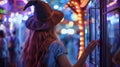 A woman in a witchs hat turns away from the camera as reaches out to grab a prize from the sinister looking game booth