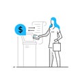 Woman withdraws money from an ATM. Family, relationships, convenience, work, home. Infographics, line, advertising