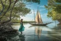 A woman with wooden sailboat as it on the crystal turquoise waters, past beaches fringed with coconut palms and mangroves. A sense