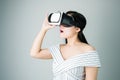 Woman wore a virtual reality headset that simulates, the reality and looked.