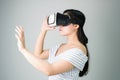 Woman wore a virtual reality headset that simulates, the reality and looked up to see what the virtual reality was capable.