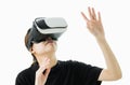 Woman wore a virtual reality headset that simulates, the reality and looked up.