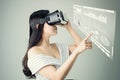 Woman wore a virtual reality headset that simulates, And touch screen technology graph.