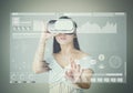 Woman wore a virtual reality headset that simulates, And touch screen technology graph.