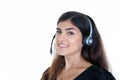 Woman work in call center smiling happy cheerful support operator portrait in phone headset Royalty Free Stock Photo