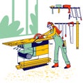 Woman Work in Carpentry Shop Concept. Girl Carpenter Character Wearing Overalls and Protective Glasses Working