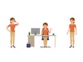Woman at work cartoon character. Talking on phone, sitting at the desk, standing office female clerk.
