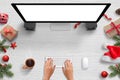 Woman work on computer with isolated screen for mockup