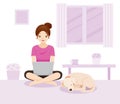 Woman Work From Home, Learn From Home, Shopping At Home, With Dog, Protection Themselves From Coronavirus Disease, Covid-19