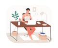 Woman work at home office with modern remote workplace. Freelancer sitting at desk with laptop computer, working online Royalty Free Stock Photo