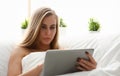 woman work winh laptop stay in bed early morning Royalty Free Stock Photo