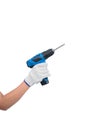 Woman worker hand Wear gloves holding electric drill isolated on white backround Royalty Free Stock Photo