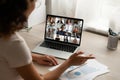 Woman worker speak on group video call on computer Royalty Free Stock Photo