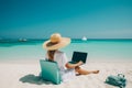 Woman working beach laptop. Generate Ai