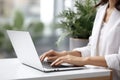 Woman working on computer in modern office, close up. Woman hands typing on keyboard of laptop, online shopping detail Royalty Free Stock Photo