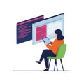Woman Working on Computer Coding and Programming with Tablet in Modern Workspace Vector Illustration Royalty Free Stock Photo