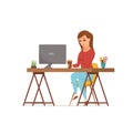 Woman working on computer colorful vector concept. Cartoon flat style illustration Royalty Free Stock Photo