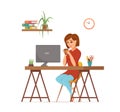 Woman working on computer colorful vector concept. Cartoon flat style illustration Royalty Free Stock Photo