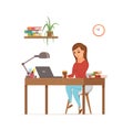 Woman working on computer colorful vector concept. Cartoon flat style illustration Royalty Free Stock Photo