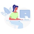 Woman Working on Computer Flat Vector Illustration Royalty Free Stock Photo