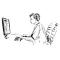 Woman working on computer, hand drawn doodle, sketch, black and white illustration Royalty Free Stock Photo