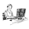 Woman working on computer, hand drawn doodle, sketch, black and white illustration Royalty Free Stock Photo