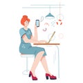 Woman working on computer and making phone calls, flat vector Royalty Free Stock Photo