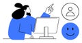 Woman Working on Computer with User Profile Icon and happy Face Symbols Royalty Free Stock Photo