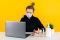 Woman working at the computer in the yellow room at home. Remote work.