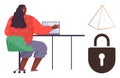 Woman Working at Desk with Tablet, Geometric Pyramid, and Closed Lock Representing Security Themes Royalty Free Stock Photo