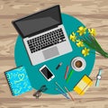 Woman working desk top view. Working place vector illustration