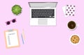 Woman working desktop with computer, coffee, sunglasses and plant. Girly flat lay illustration