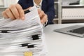 Woman working with documents at table in office, closeup. Space for Royalty Free Stock Photo