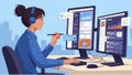 Woman Working on Dual Computer Screens with Headphones Royalty Free Stock Photo